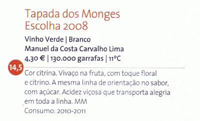 Tapada dos Monges Branco 2008 Cor citrina. Vivaço na fruta, com um toque floral e citrino. A mesma linha de orientação no sabor, com açúcar. Acidez viçosa que transporta alegria em toda a linha.